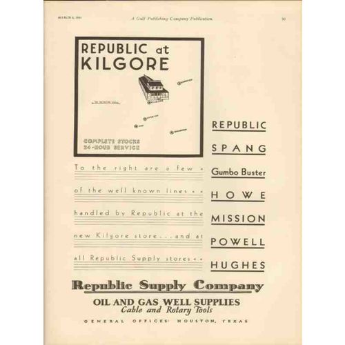 REPUBLIC SUPPLY COMPANY 1931 Kilgore TX store oil gas well vintage ad