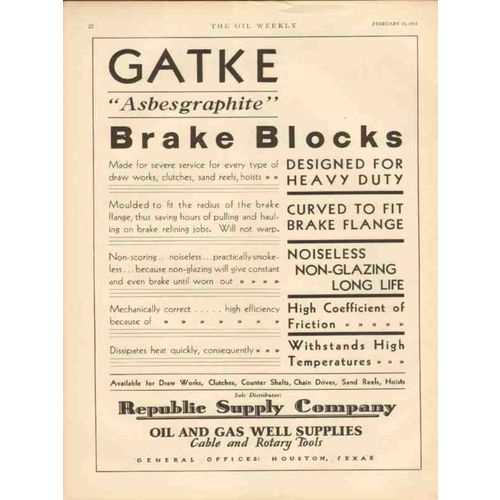 REPUBLIC SUPPLY CO 1931 Gatke asbesgraphite brake blocks vintage ad