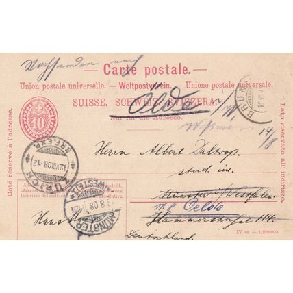 Zurich to Munster 1908 10c Postal card Switzerland Redirected written VGC