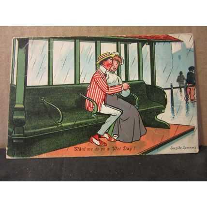 SEASIDE SPOONERS, WET DAY? used antique postcard by Valentine & Sons