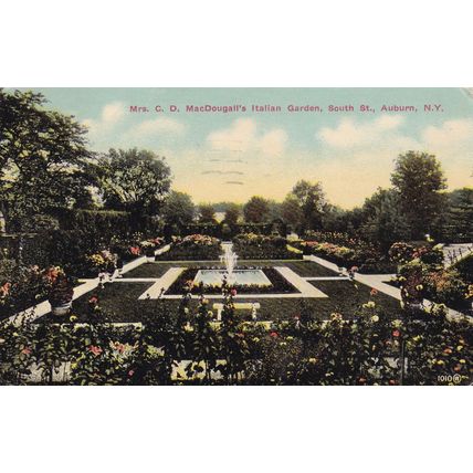 1912 - Auburn, NY to Tulare, CA - Antique Postcard & Stamp - Italian Garden