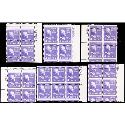 807, Six Misperforation ERROR Plate Blocks 3¢ Prexie Stamps - Stuart Katz