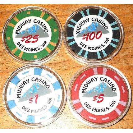 Midway Casino Chips - Des Moines, Washington - Sample Set - $1 $5 $25 $100