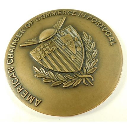 Vintage American Chamber Of Commerce Portugal Bronze Prize Medal Medallion & Box