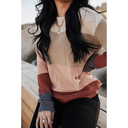 Khaki Color Block Knitted O-neck Pullover Sweater