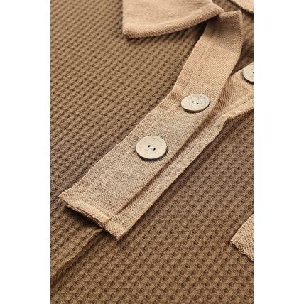 Brown Waffle Knit Buttoned Long Sleeve Top