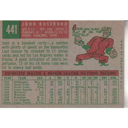 JOHN ROSEBORO 1959 AUTOGRAPHED LOS ANGELES DODGERS HOF WORLD CHAMPION CATCHER