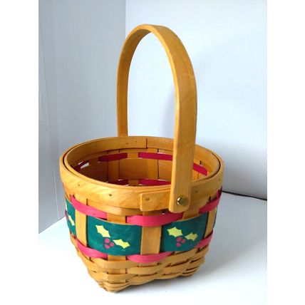 Round Christmas "Holly" Ribbon Basket - Lattice Type- Adorable! Farmhouse Decor