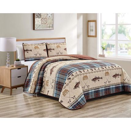 River Fly Fishing Themed Rustic Cabin Lodge Quilt Stitched Bedspread Bedding Set