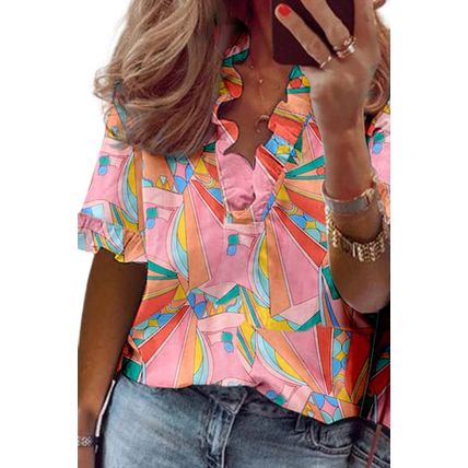 Multicolor Abstract Geometry Print Frilled V Neck Blouse