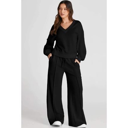 Black V Neck Cropped Seamed High Waist Sports Wear