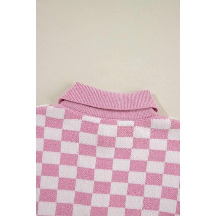 Pink Checkered Buttons Collar V Neck Drop Shoulder Sweater