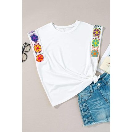 White Floral Crochet Sleeve Crew Neck Top