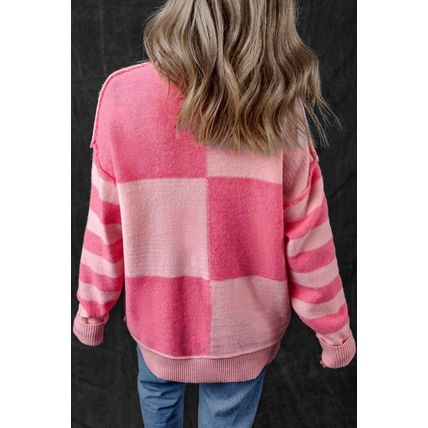 Pink Checkered Colorblock Striped High Low Loose Sweater