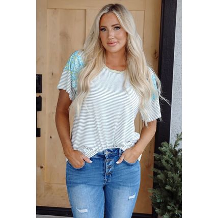 White Stripe Floral Insert Sleeves Contrast Round Neck Tee