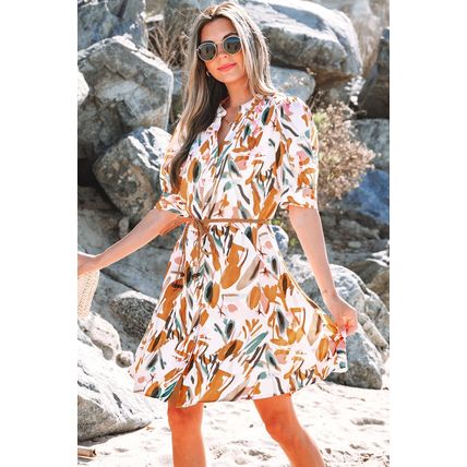 Brown Abstract Printed Puff Sleeve Button Up Braided Belt Mini Dress
