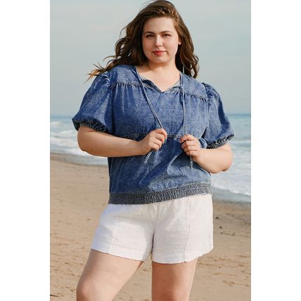 Sail Blue Plus Drawstring V Neck Puff Sleeve Denim Blouse