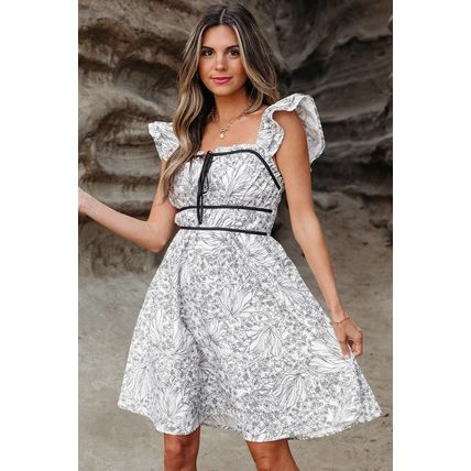 White Floral Print Pipping Trim Flutter Sleeve Mini Dress