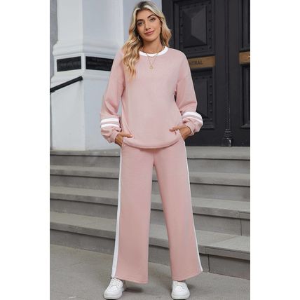 Pink Varsity Stripe Patchwork Puff Sleeve Pullover Drawstring Wide Leg Pant Set