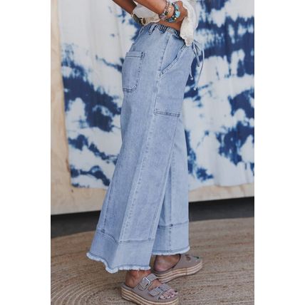 Beau Blue Drawstring Seam Detail Raw Hem Wide Leg Denim Pants