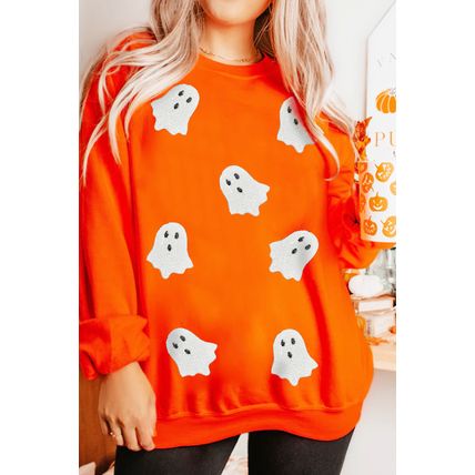 Orange Sequin Halloween Ghost Patched Drop Shoulder Sweatshirt