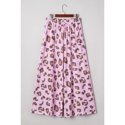 Pink Drawstring Leopard Print Patch Pocket Loose Pants