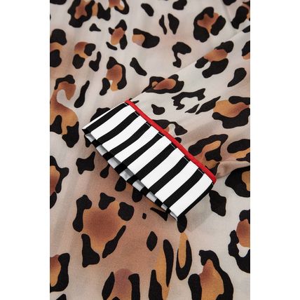 Khaki Leopard Print Colorblock Striped Edge Shirt and Pants Pajama Set