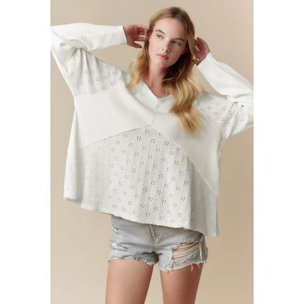 White Twisted Rib Patchwork Embroidered Loose V Neck Long Sleeve Top