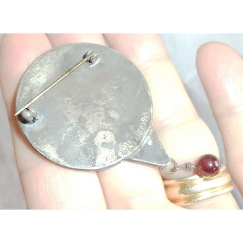 60s Signed Sterling Silver Brooch Leora 11.4g Garnet Hammered Israel Pendant