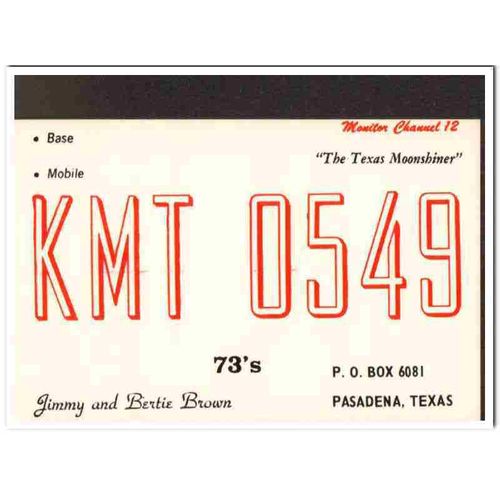 kmt-0549 jimmy brown pasadena texas 1960s cb qsl card vintage postcard