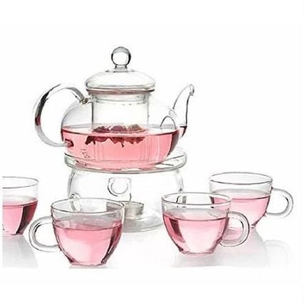 6-Piece Glass Tea Pot Set with 4 Cups Teapot Warmer and Infuser