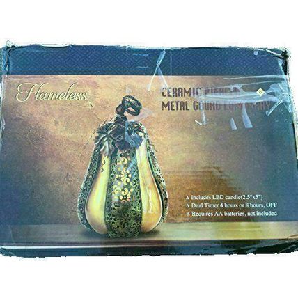 Home Decor Ceramic Pierced Metal Pumpkin Luminary W Flameless Candle