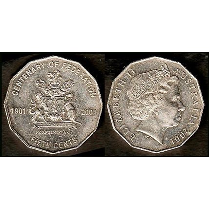 Australia Fifty Cents 2001 Used Coin 50c Federation Norfolk Island QE II