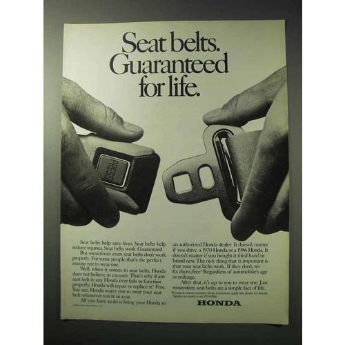 1986 Honda Car Ad - Seat Belts Guaranteed for Life