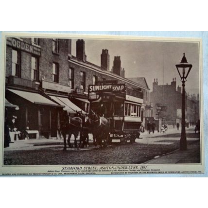 4 reproduced sepia photo prints old trams Manchester Ashton u Lyne 28 x 19 cm