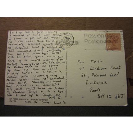 ST PETER MANCROFT CHURCH, NORWICH, NORFOLK. used postcard by Jarrold 1987 pm =