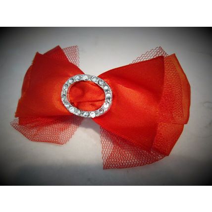 Red rockabilly shiny, lacy bow hair clip barrette with swarovski crystals