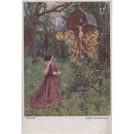 Viktor Kramer Soviet Andacht Crucifixion In Forest Antique Painting Postcard