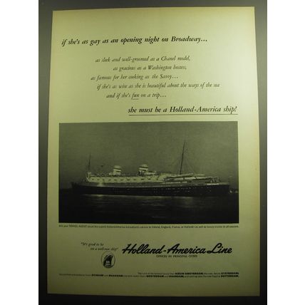 1958 Holland-America Line Cruise Ad - as gay as an opening night on Broadway