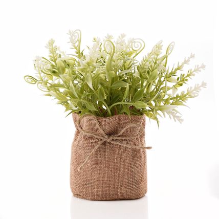 Faux White Flower & Green Leaves Plant in a Hessian Bag 17.5 CM Home Decor Gift