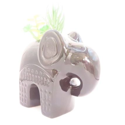 Ceramic Black Elephant Figurine/Ornament 13 CM with Faux Plastic Plants Gift