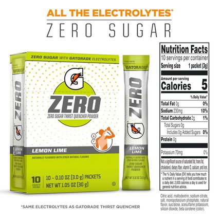 Gatorade G Zero Powder, Lemon Lime, 0.10Oz Packets, 10 Count (Pack of 12)