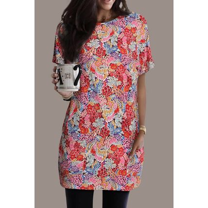 Multicolor Boho Flower Print Short Sleeve Tunic Top