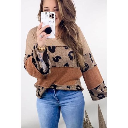 Leopard Colorblock Patchwork V-Neck Loose Sleeve Knit Top