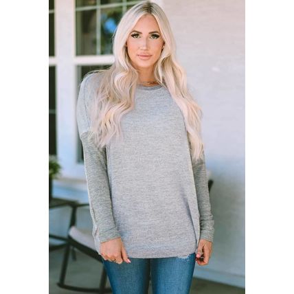 Gray Exposed Seam Patchwork Long Sleeve Top