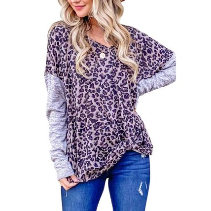Leopard Print Drop Shoulder Patchwork Sleeve Top
