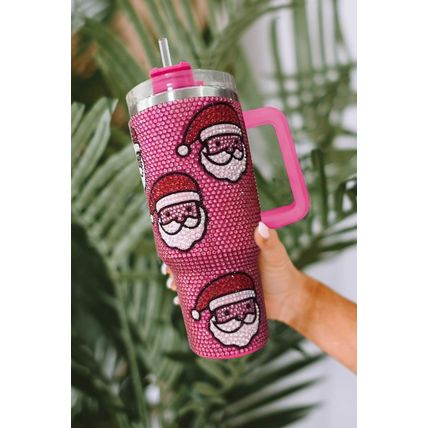 Rose Red Christmas Santa Claus Diamond Thermos Cup with Straw