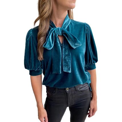 Peacock Blue Velvet Bow Tie Neck Short Sleeve Top