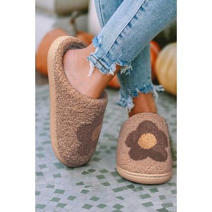 Camel Fuzzy Flower Pattern Homewear Slippers