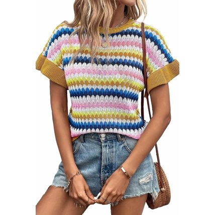 Khaki Trimmed Ruffle Sleeve Colorful Textured Sweater